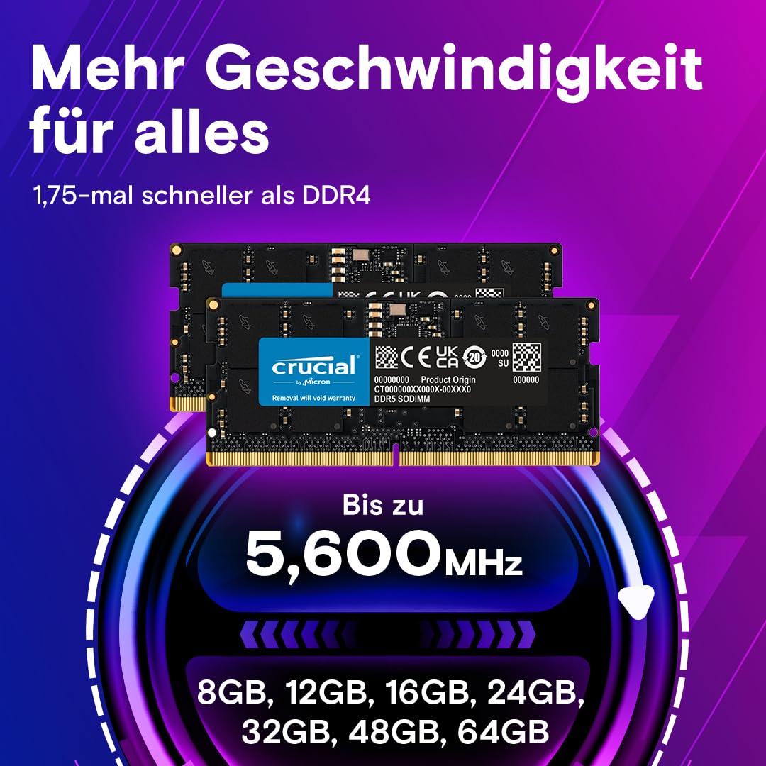 Crucial DDR5 RAM 32GB Kit (2x16GB) 5600MHz SODIMM, memory for laptop/notebook, mini PC (also 5200MHz / 4800MHz) CL46 - CT2K16G56C46S5