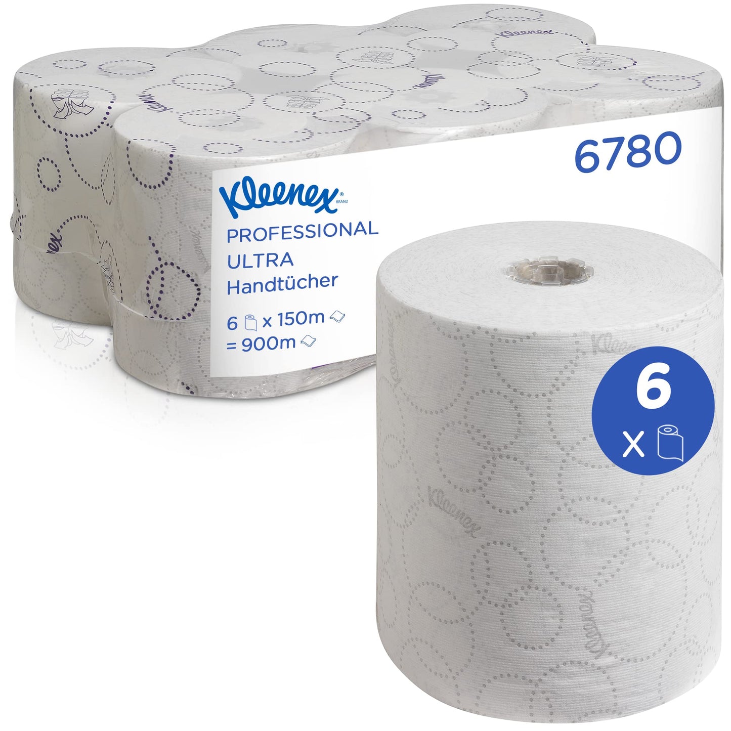 Kleenex Ultra Roll Hand Towels 6780, 2-ply white disposable hand towels, certified for food contact, with Airflex technology for greater absorbency, 6 rolls x 150m (total 900m)