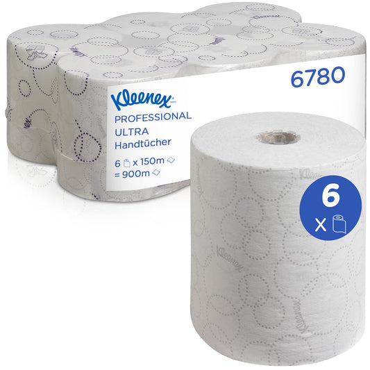 Kleenex Ultra Roll Hand Towels 6780, 2-ply white disposable hand towels, certified for food contact, with Airflex technology for greater absorbency, 6 rolls x 150m (total 900m)