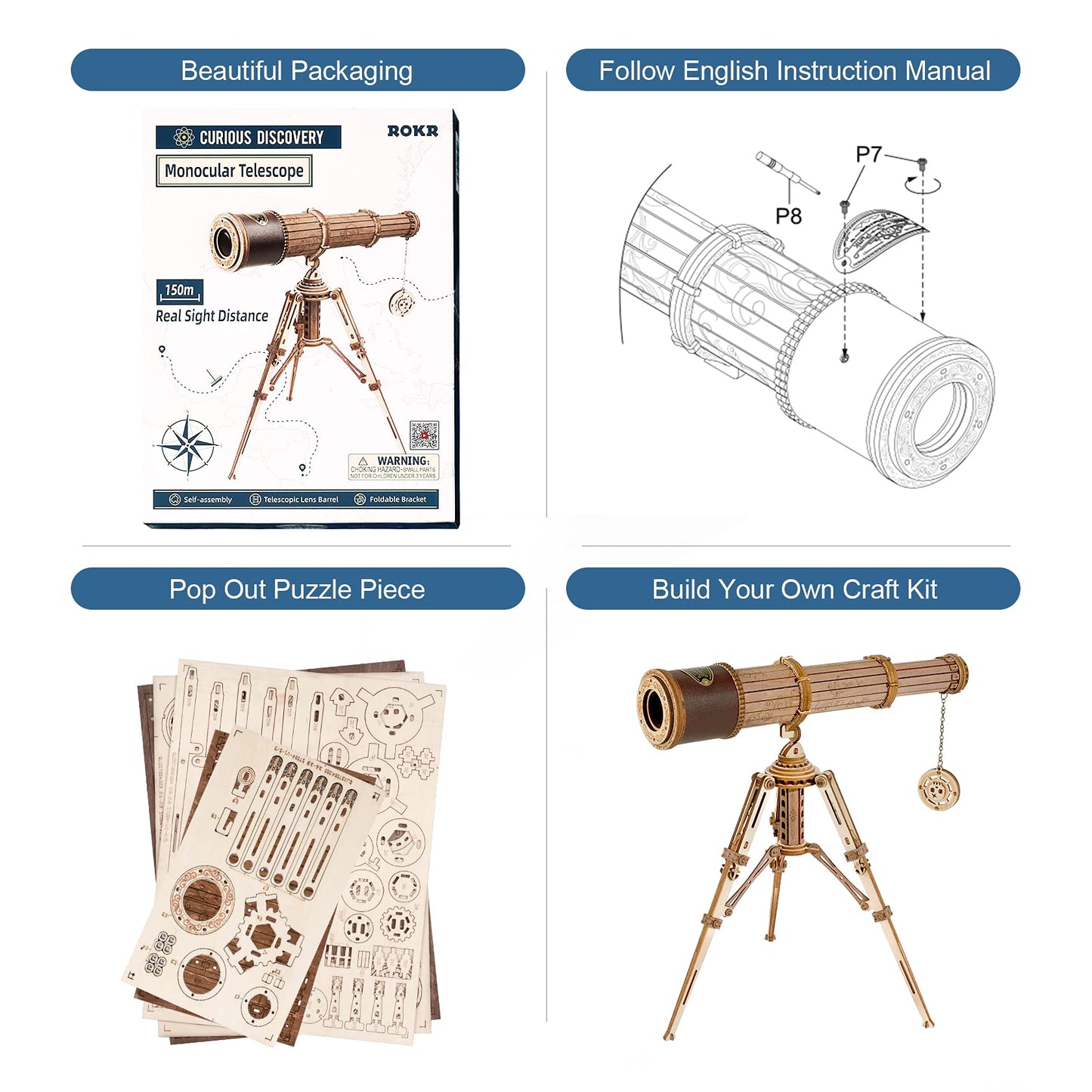 ROKR 3D Wooden Puzzle Monocular Telescope Wood Model Building Science Gifts for Adults Kids over 14 years 314 Pieces, Monocular Telescope