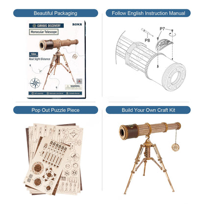 ROKR 3D Wooden Puzzle Monocular Telescope Wood Model Building Science Gifts for Adults Kids over 14 years 314 Pieces, Monocular Telescope
