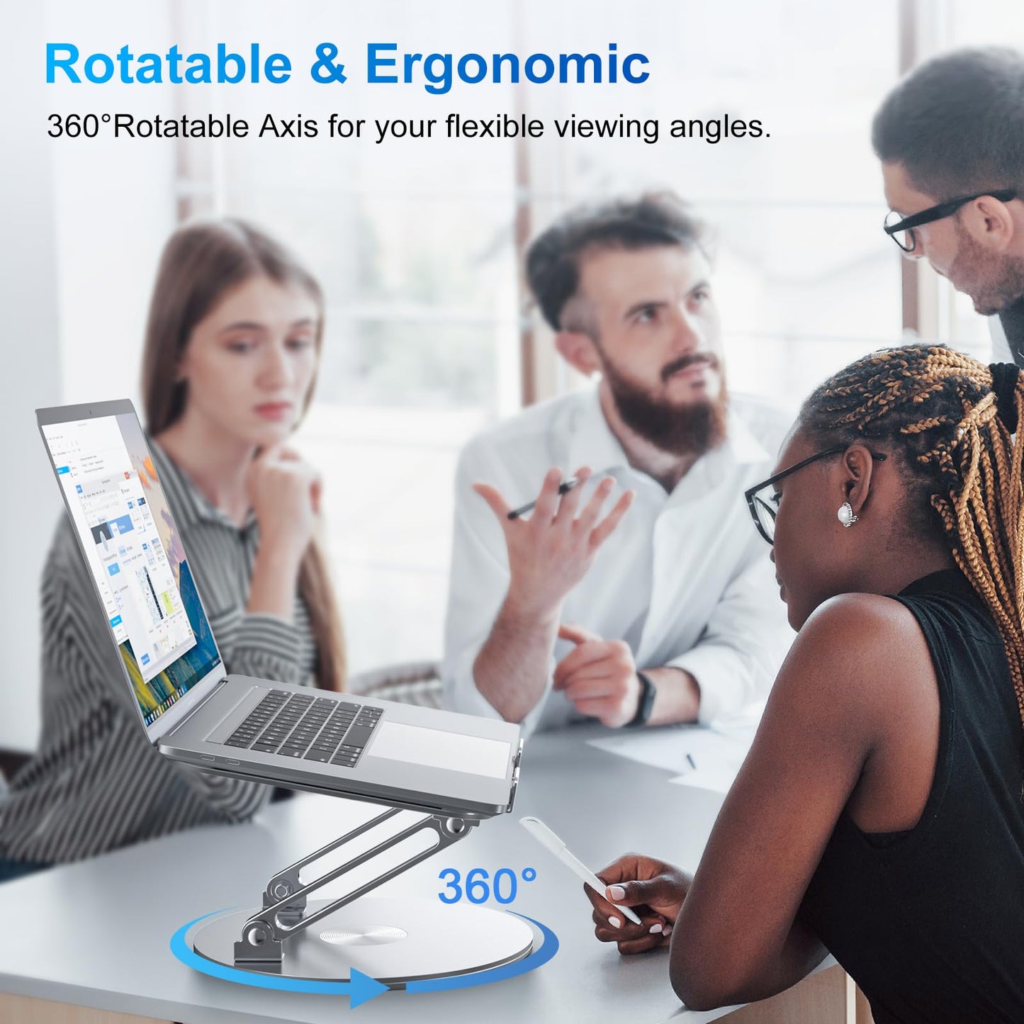 Height-adjustable, foldable laptop stand with ergonomic ventilation and 360° rotating base. Compatible with notebooks, MacBook Air/Pro, Dell, HP, and laptops ranging from 11-16".