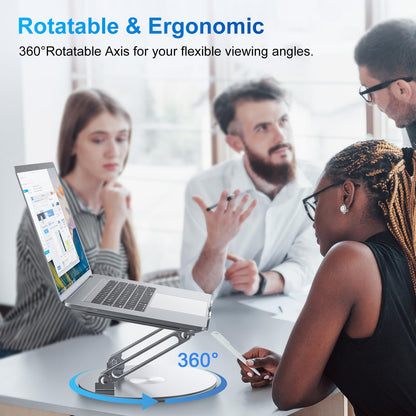 Height-adjustable, foldable laptop stand with ergonomic ventilation and 360° rotating base. Compatible with notebooks, MacBook Air/Pro, Dell, HP, and laptops ranging from 11-16".