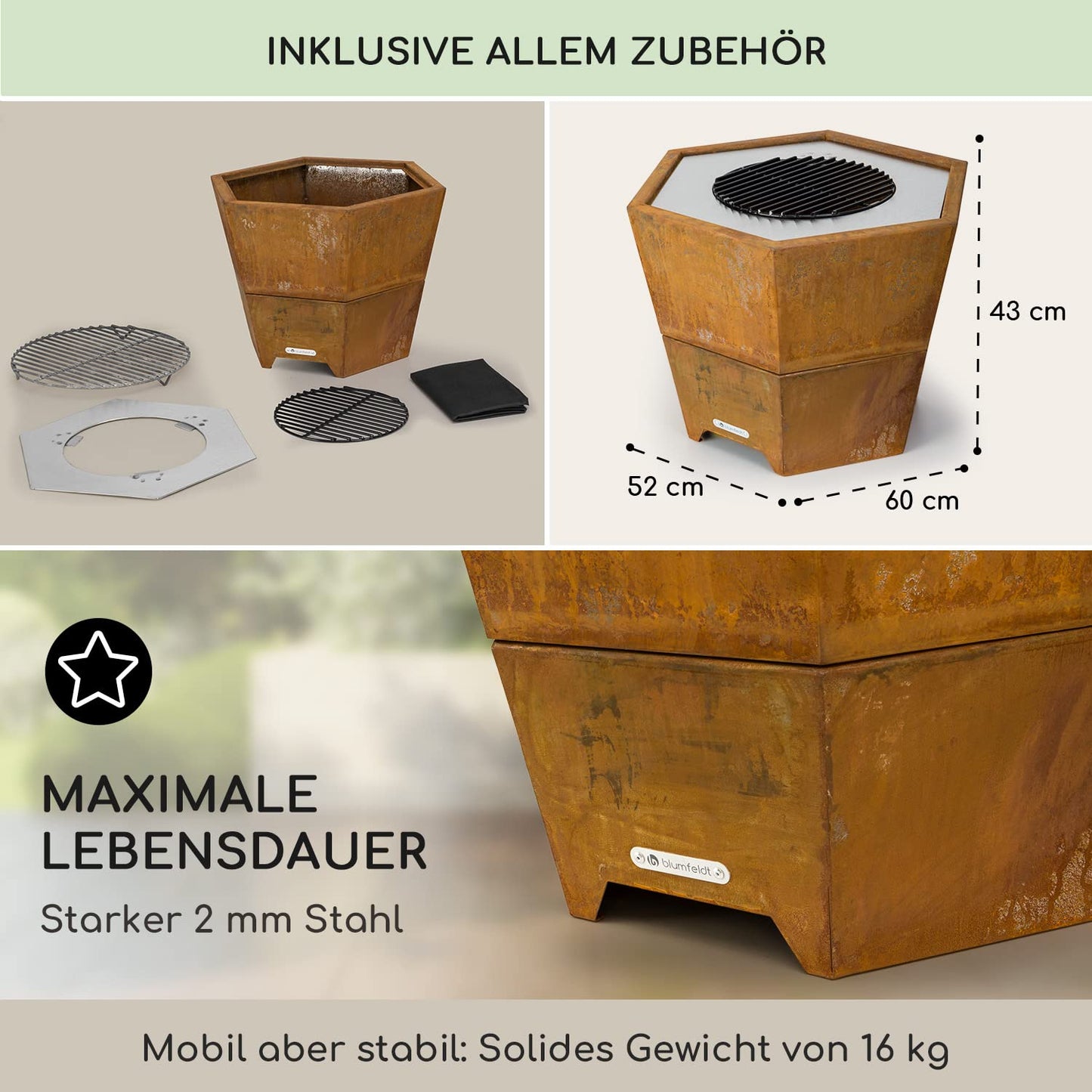 Blumfeldt fire bowl with grill grate, outdoor steel fire bowl large for balcony & camping, portable fire bowl 60 cm, fire bowl with stand, weatherproof fire bowl, hexagonal fire pit