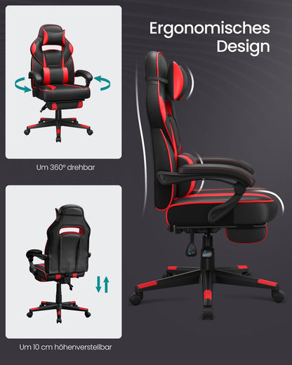 SONGMICS Office Chair, Desk Chair, Extendable Footrest, Headrest, Lumbar Pillow, Height Adjustable, Ergonomic, Reclining Backrest, Supports up to 150kg, Ink Black-Strawberry Red OBG73BRV1