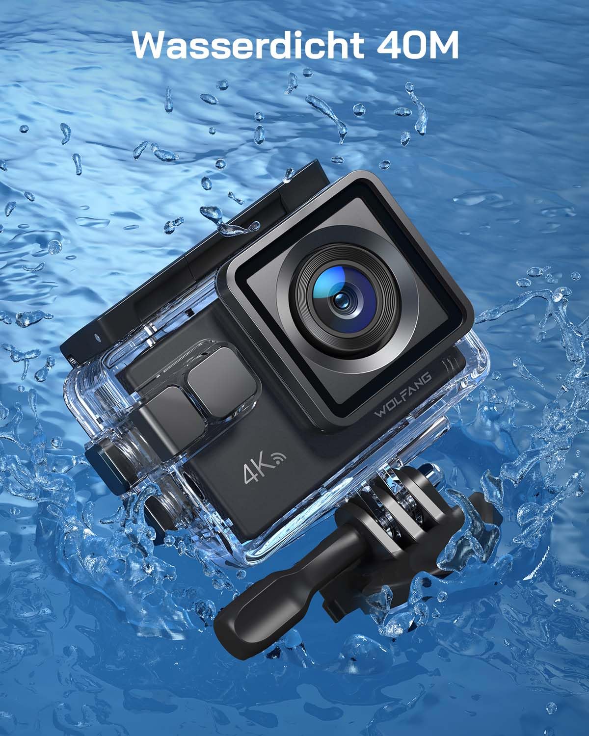 WOLFANG GA100 Action Cam 4K 20MP underwater camera WiFi 40M waterproof EIS stabilizer helmet camera 170° wide angle camcorder (external microphone, 2.4G remote control, 2 batteries and accessory kit)