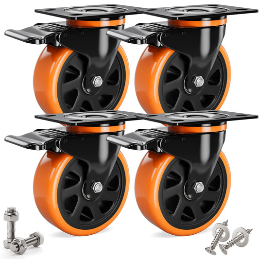 4 pieces heavy-duty casters 100mm with brakes including mounting accessories swivel casters transport wheels 360° rotation up to 600KG capacity for furniture transport & industrial transport.