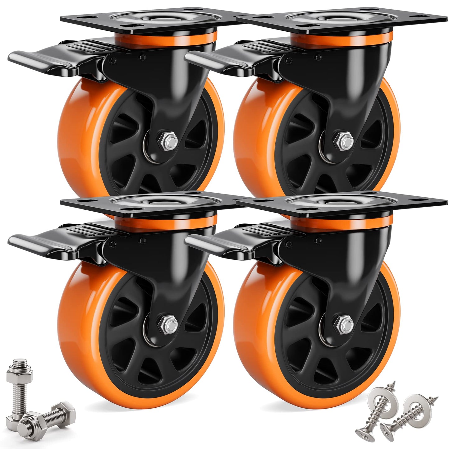 4 heavy-duty casters 75mm with brakes including mounting accessories swivel casters 360° rotation up to 480KG capacity for furniture transport & industrial transport