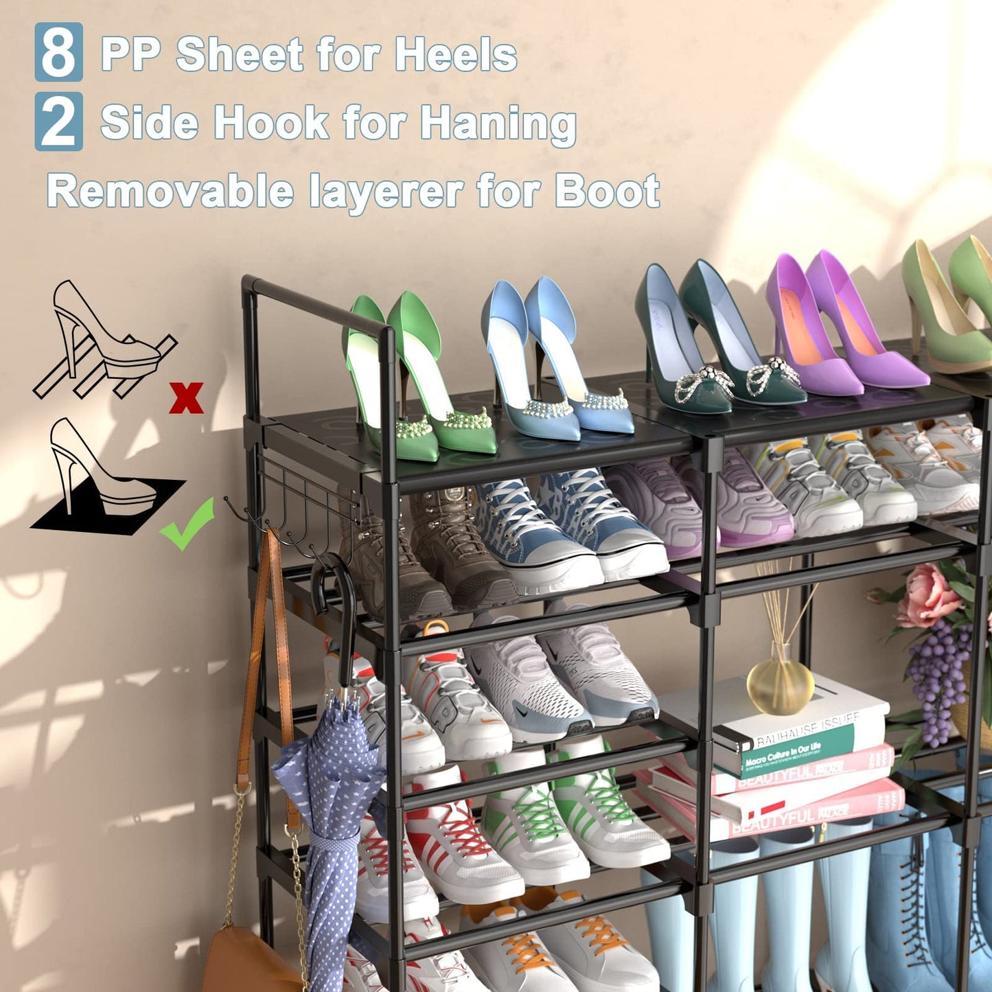 FINEW shoe rack with 9 levels, metal shoe shelves, large shoe rack for 64-72 pairs of shoes storage, 4 rows shoe cabinet with hooks for living room, dressing room, and hallway.