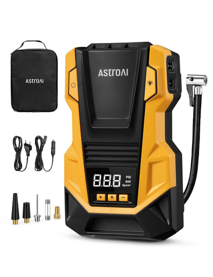 AstroAI 2-in-1 Compressor Auto, Air Pump 12V 230V, 10.3 Bar Tire Pump with AC/DC Dual Power Supply and Durable Metal Motor for Cars, Bicycles, Motorcycles, Balls, Yellow