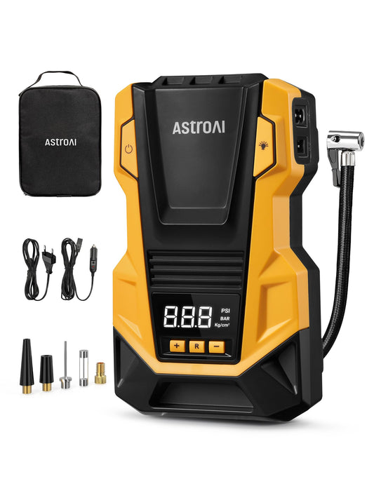 AstroAI 2-in-1 Compressor Auto, Air Pump 12V 230V, 10.3 Bar Tire Pump with AC/DC Dual Power Supply and Durable Metal Motor for Cars, Bicycles, Motorcycles, Balls, Yellow
