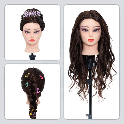 Neverland training head with stand - 71cm, 60% real hair. Perfect for practicing hairstyling and makeup. Comes with table clamp and DIY braid hair set.