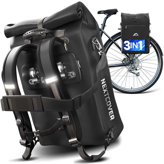 NEXTCOVER® NEW 3in1 bike bag for luggage rack [PVC free] - luggage rack bag, bike bag backpack and shoulder bag 25L I bike bag waterproof, bike bags luggage rack (black-gray)