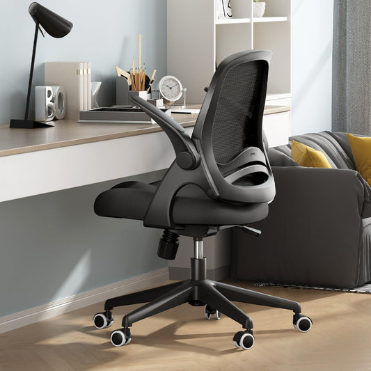 Hbada office chair with flip-up armrests, adjustable height, mesh backrest, lightweight design, black.