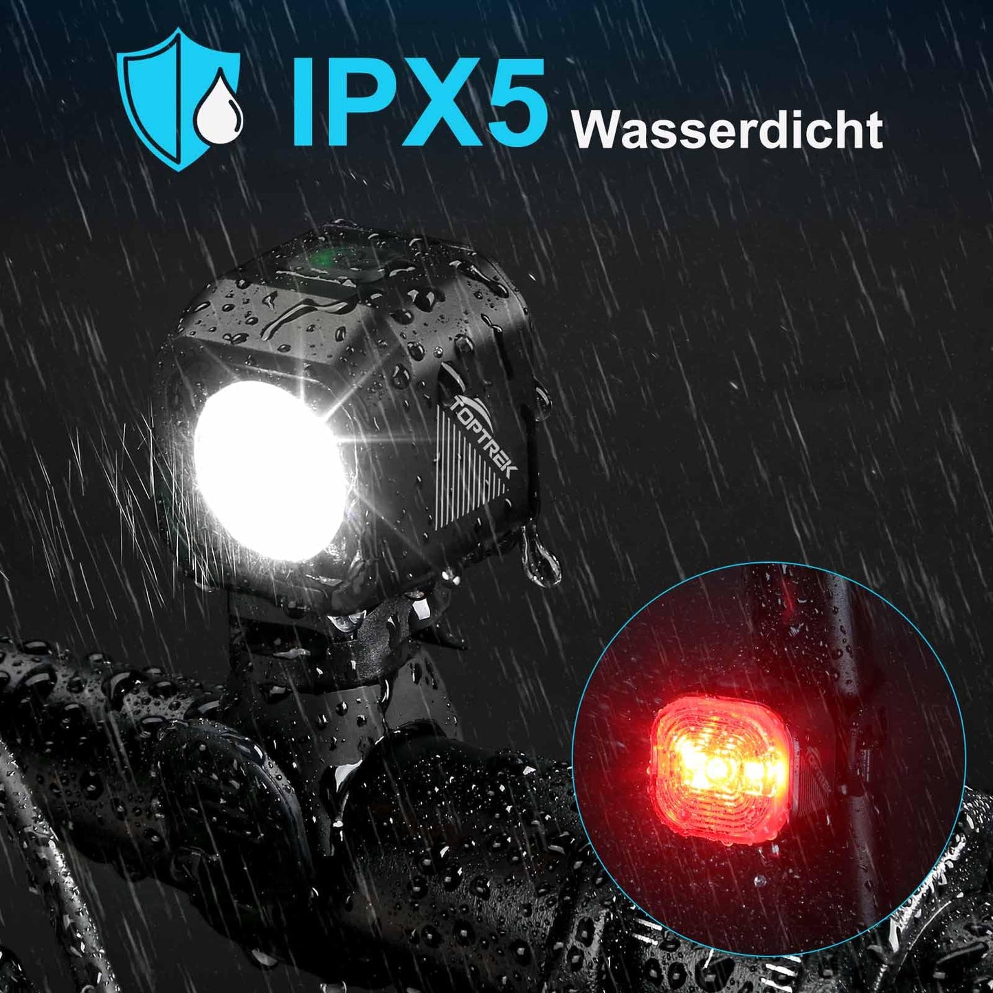 toptrek Bike Light Set USB Rechargeable, StVZO Approved Bike Lights LED Set, IPX5 Waterproof Bike Lighting Set, Low Battery Reminder, Front & Rear Light Set
