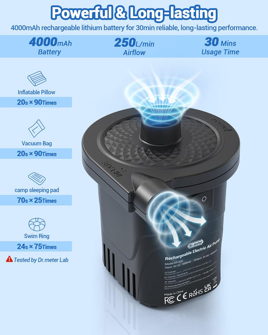 Electric air pump, Dr.meter 4000mAh rechargeable battery air pump 2 in 1 portability air pump air mattress with 3 nozzles for outdoor camping, air mattress, inflatable boat, and kiddie pool.