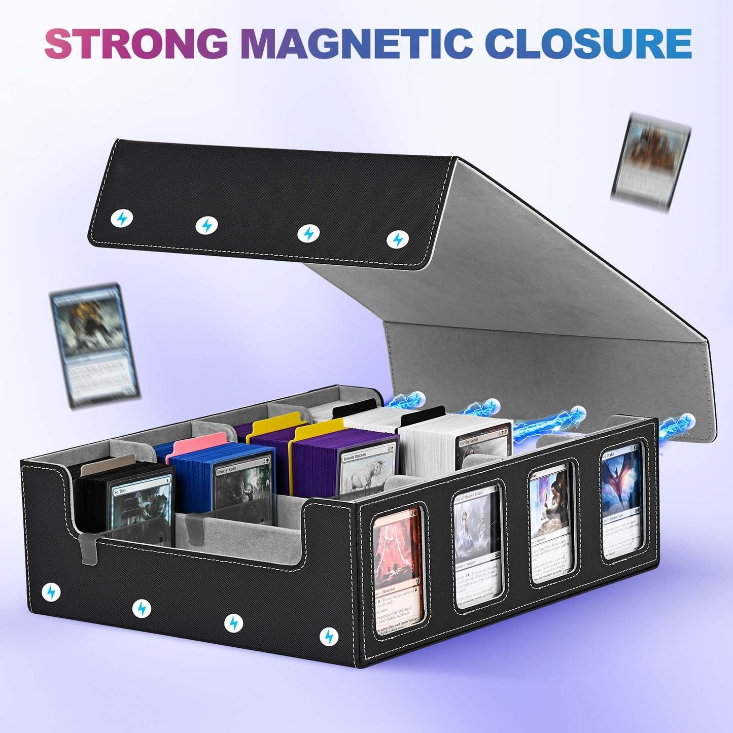 UAONO Trading Card Storage Box for Commander display, 2400+ MTG deck box with 4 toploaders, TCG card case suitable for Magic PTCG sports cards (black & gray)