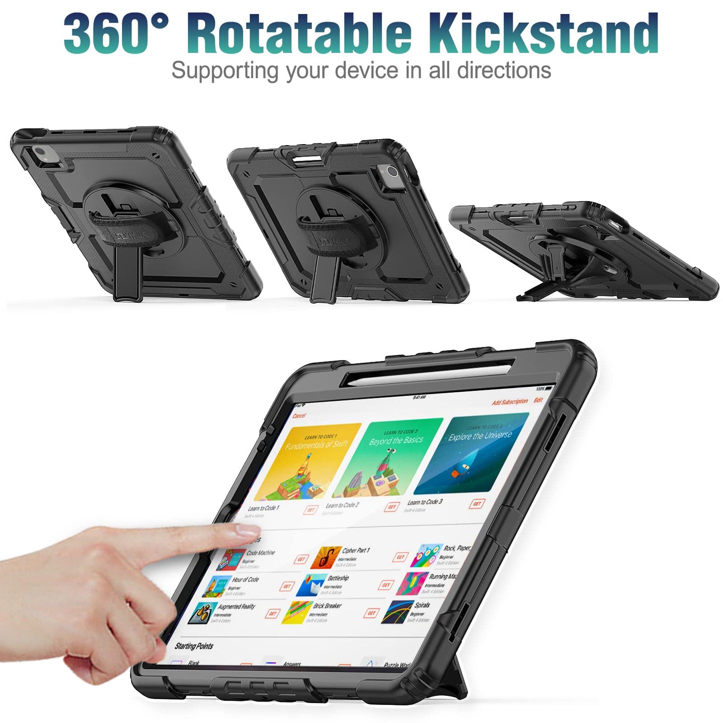 SEYMAC stock case for iPad Air 5th/4th generation 10.9 inch, shockproof protective cover with pencil holder, screen protector, 360° rotatable stand/hand strap, shoulder strap, black.