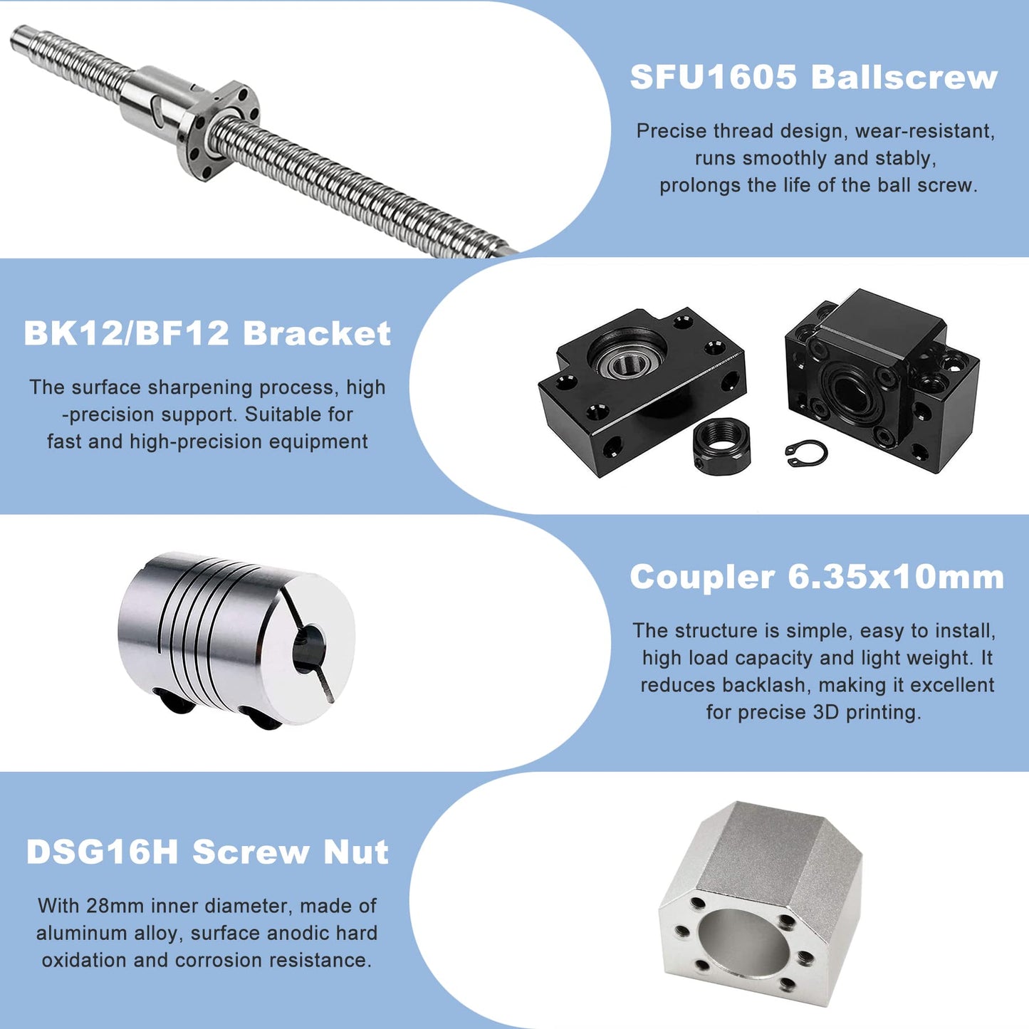CNCMAN's ball screw SFU1605 1000mm stainless steel Rolled ball screw with BK12/BF12 end support, coupling, and DSG16H nut housing CNC parts for machinery and automated equipment.