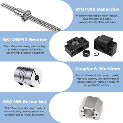 CNCMAN's ball screw SFU1605 1000mm stainless steel Rolled ball screw with BK12/BF12 end support, coupling, and DSG16H nut housing CNC parts for machinery and automated equipment.