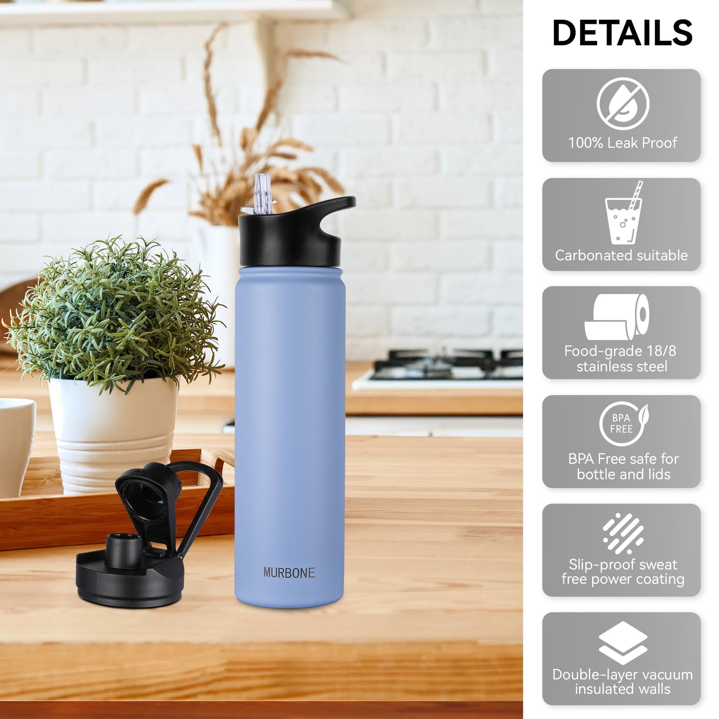 MURBONE Stainless Steel Water Bottle 750ml (+2 lids) with Straw, BPA Free, Leak-proof Thermos, Carbonation Compatible, Vacuum Insulated Double Wall for Sports, Travel, Camping (4-pack)
