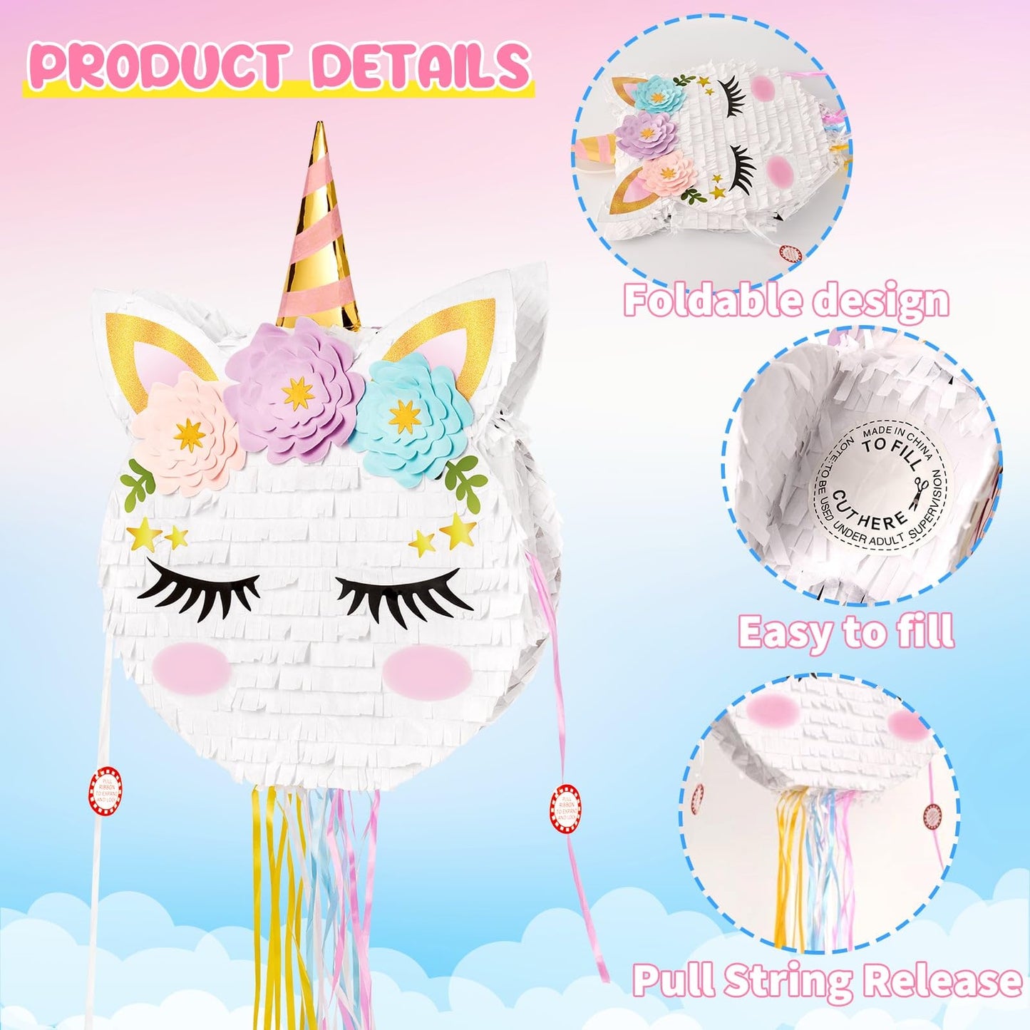 WERNNSAI Unicorn Pinata - Foldable pinata with blindfold and bat for girls, party supplies for kids with unicorn theme, foldable pinata with pull string for unicorn birthday parties.