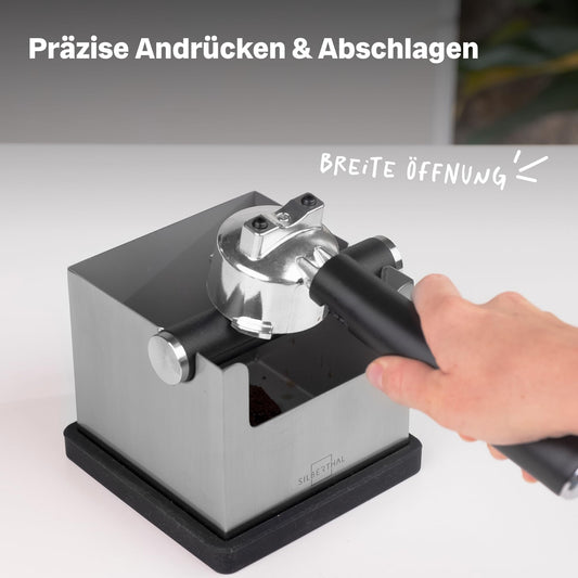 SILBERTHAL Knock Box for portafilter Stainless Steel - Version 2.0 - Tamper station and Knock Box with silicone rod 2in1 - Knock Box - Gifts for baristas