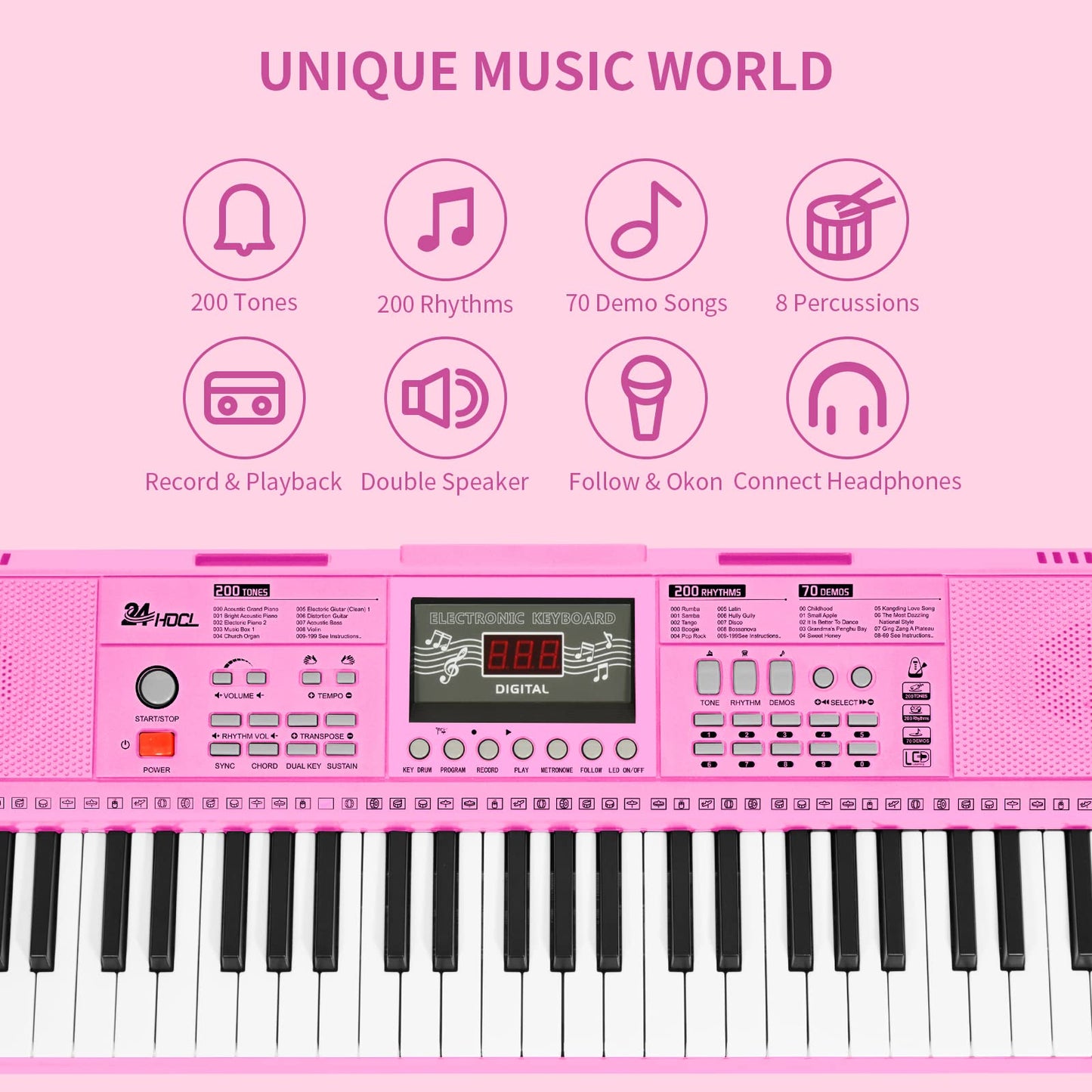 24HOCL Electric Pianos 61 Lighted Keys, Musical Digital Piano Keyboards 200 Rhythms LCD Screen for Kids Beginners Lighted Keys_2 Pink