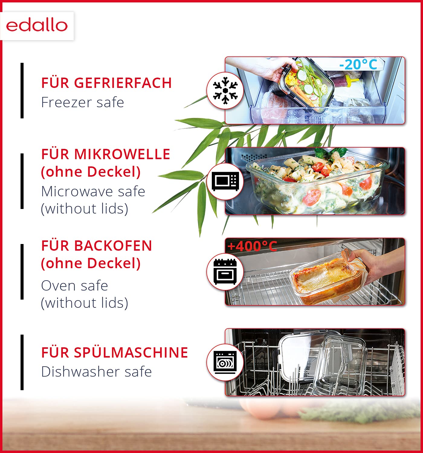 edallo NEW TRITAN - 3 large food storage containers with TRITAN lids & premium glass - airtight, leak-proof. Dishwasher, freezer, oven, microwave safe - storage container set - 3x 1040ml (1L)