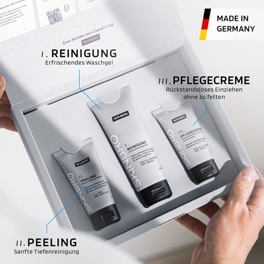 SKINBRO Men's Skincare Set | Made in Germany | 3-piece skincare set for men - cleansing, exfoliating, and face cream with caffeine | Vegan | Ideal gift for men | Cleanser, care, & moisturizer