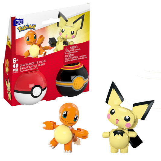 MEGA Pokémon Action Figure Building Toy Set, Pokeball 2-Pack, Pichu and Charmander with 40 pieces, for kids, HXP13