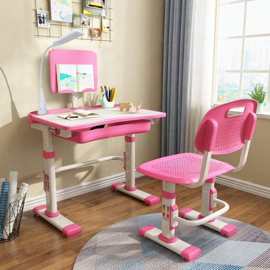 Yinleader Kids Desk Chair Set, Adjustable Multifunctional Desk and Chair, ergonomic Pink Student Desk with Lamp and Bookstand Best Desk (Pink)