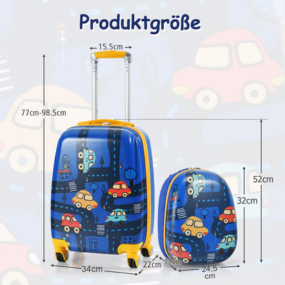 GOPLUS kids suitcase with backpack, kids trolley, children's luggage with wheels, travel suitcase with telescopic handle, hard shell suitcase for kids, children's trolley choice of colors (cartoon car, 12"+18")