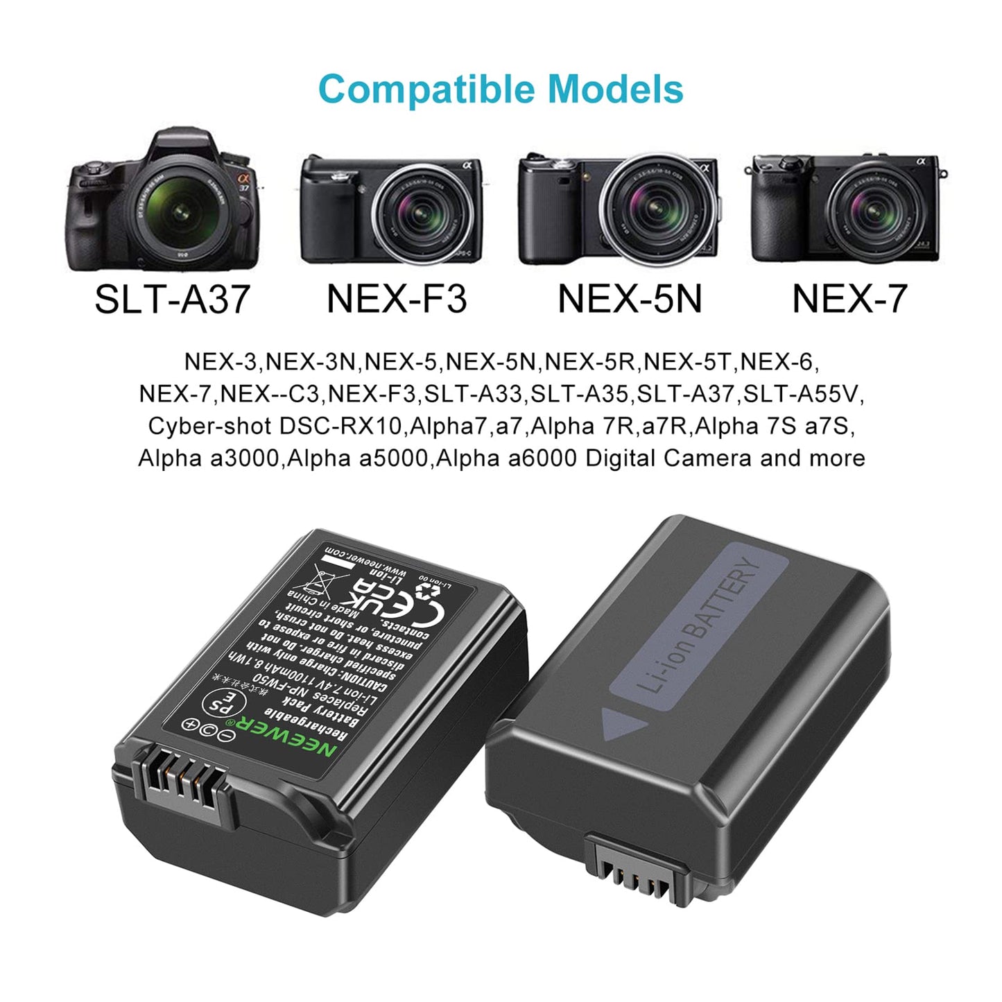 NEEWER NP-FW50 Camera Battery Charger Set Compatible with Sony ZV-E10, A7, A7R, A7RII, A7II, A7SII, A7S, a6300, a6400, a6500, RX10 Series (2-Pack, Micro USB Port, 1100mAh)