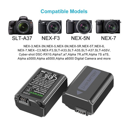 NEEWER NP-FW50 Camera Battery Charger Set Compatible with Sony ZV-E10, A7, A7R, A7RII, A7II, A7SII, A7S, a6300, a6400, a6500, RX10 Series (2-Pack, Micro USB Port, 1100mAh)
