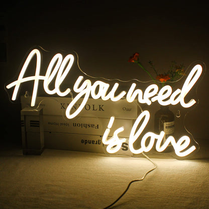 "All You Need is Love" neon sign, warm white neon light lettering for wall decoration, LED sign for bedroom, wedding, room decor, anniversary, Valentine's Day, party decor.