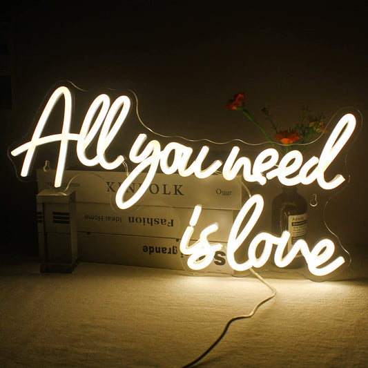 "All You Need is Love" neon sign, warm white neon light lettering for wall decoration, LED sign for bedroom, wedding, room decor, anniversary, Valentine's Day, party decor.