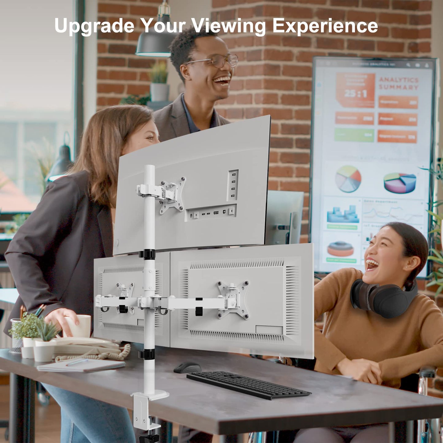 PUTORSEN Triple Monitor Stand for 13-32 inch Flat & Curved Screens, 80cm Pole Desk Mount with Swivel, Tilt, Height Adjustment, 9kg per Arm, VESA 75x75/100x100, White