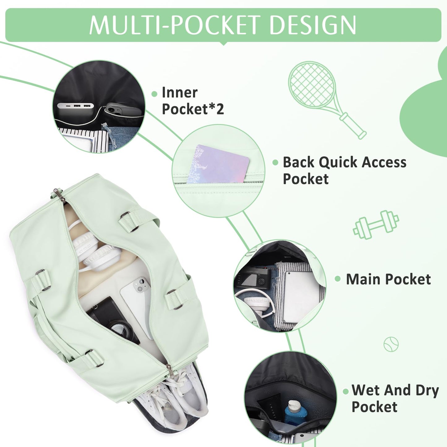 HYC00 sports bag for women, carry-on luggage for airplane, weekender bag, overnight bag, swim bag with wet compartment & shoe compartment, gym bag for women, hospital bag, travel duffle bag, light green