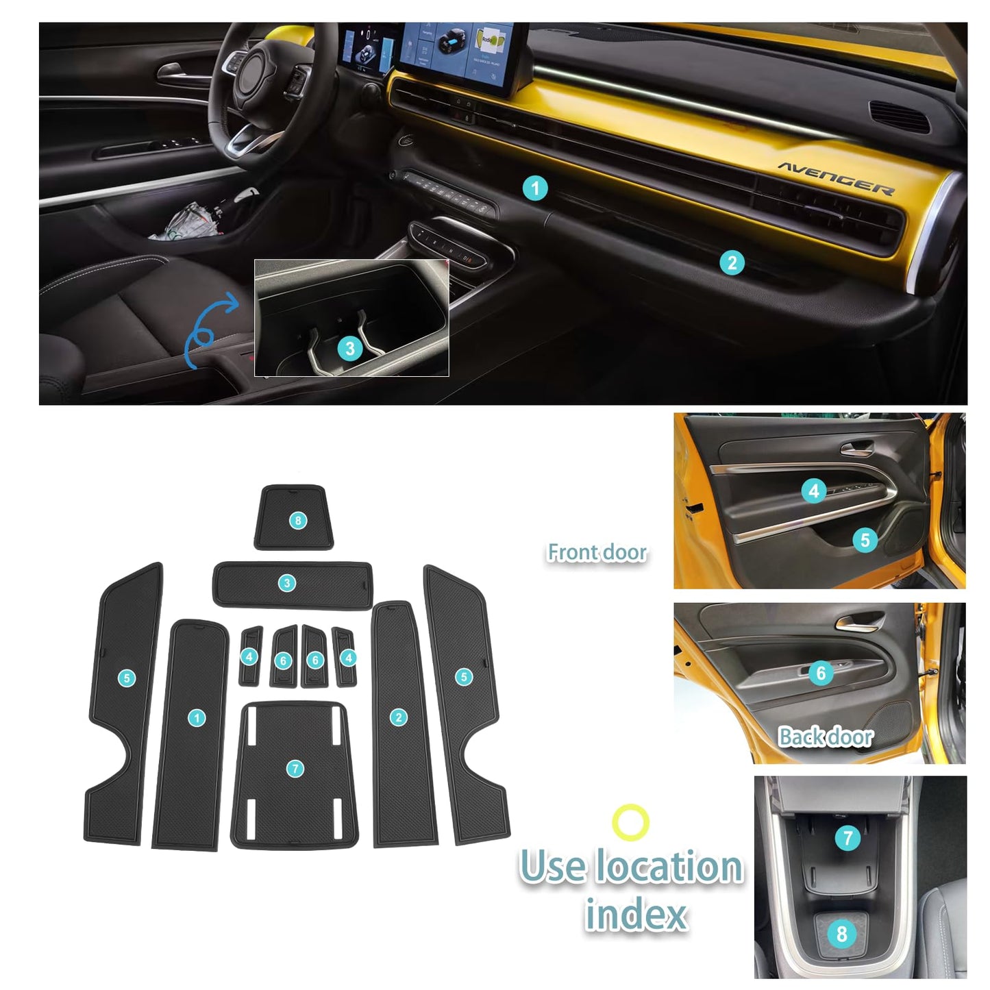 SHAOHAO for Jeep Avenger 2023 2024 Rubber Mats, Center Console Non-Slip Mats, Cup Holder Mats, Door Slot Mats Storage Box Non-Slip Mat Accessories Avenger Black