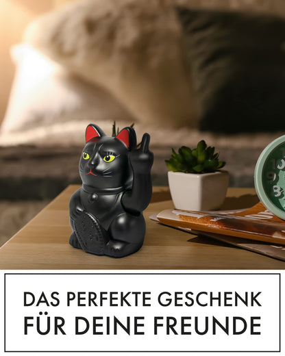 ANGRY CAT - Lucky CAT - Funny waving cat - Japanese waving cat with middle finger - Decorative wobble figure cat - Waving arm with middle finger - 15cm - BLACK-MATT