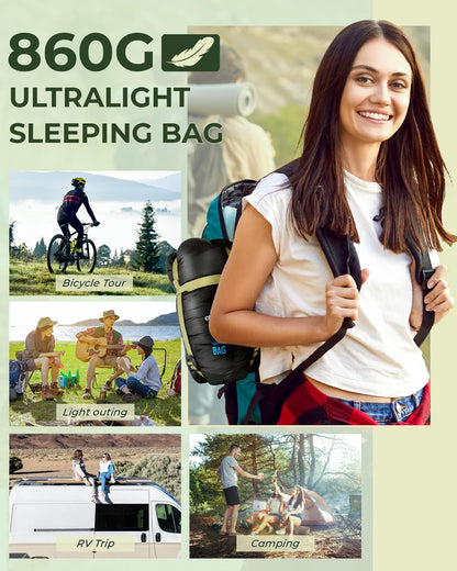 Outdoor sleeping bag, Ohuhu compact & ultralight (860g) for summer, portable lightweight waterproof blanket sleeping bag with compression sack for camping, backpacking, hiking, traveling, black