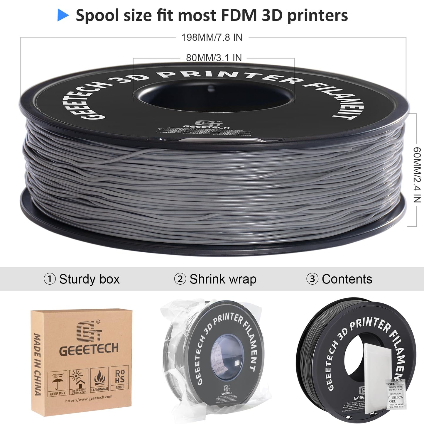 GEEETECH TPU Filament 1.75mm +/- 0.02mm for 3D printers, 1KG 1 Spool Grey