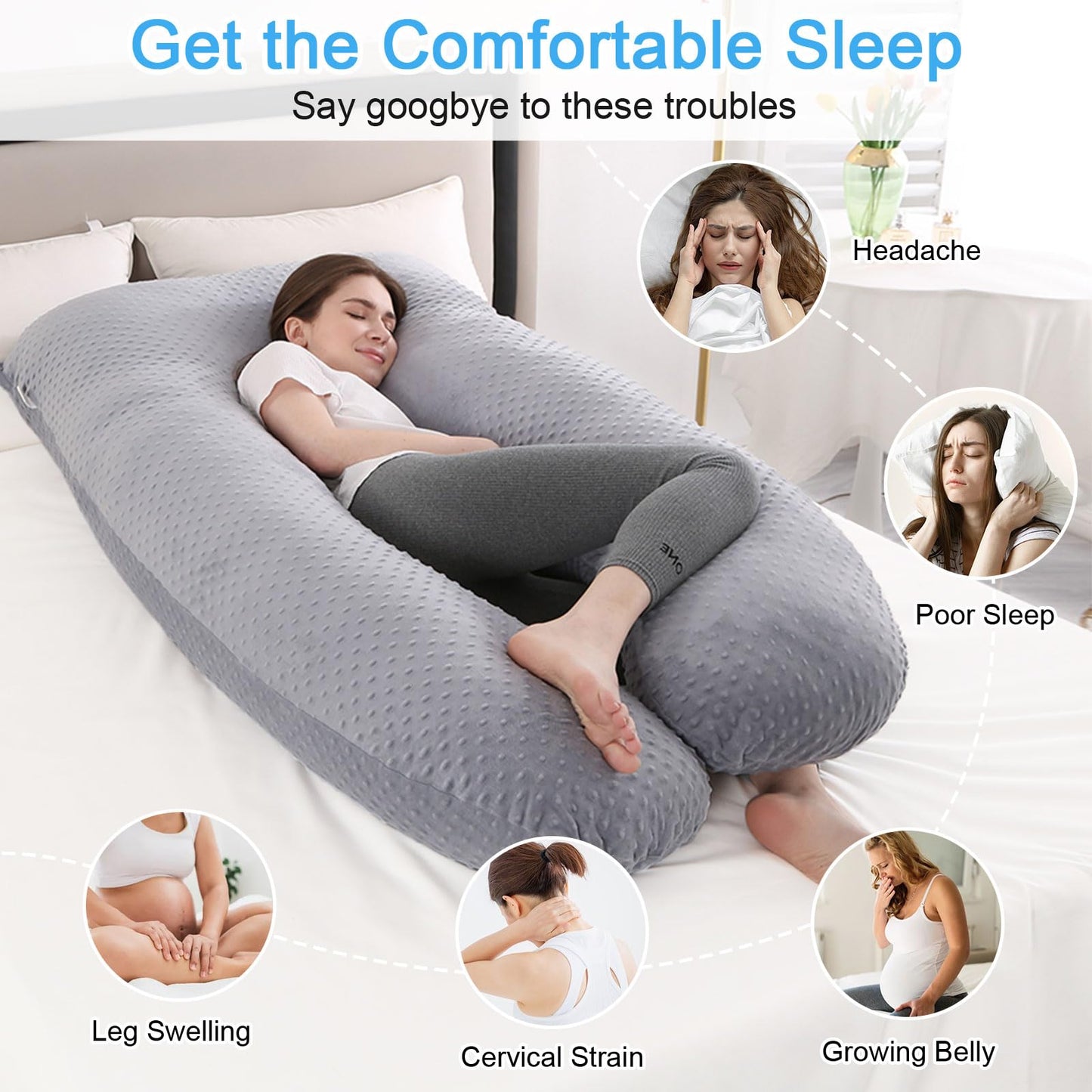 SHANNA Pregnancy Pillow U-Shape Side Sleeper Pillow Nursing Pillow Feeding Pillow with Minky Dot Cover, Large Support Pillow, Comfort Pillow for Adults, Body Pillow for Sleeping and Motherhood.