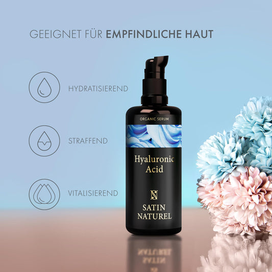 Satin Naturel Hyaluron Serum highly dosed 100ml - 24h moisture - Hyaluronic Acid Serum Face - Vegan - Facial Care Men and Women - Anti Aging Hyaluronic Acid Facial Serum with organic Aloe Vera