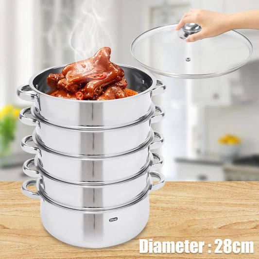 Steamer pot, 5-tier stackable stainless steel steamer pan with glass lid, diameter 26/28/30cm (28cm)