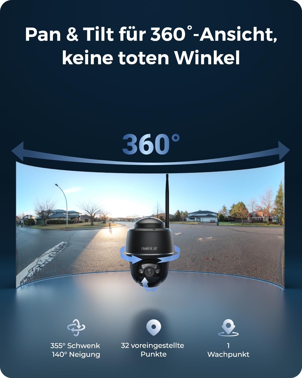 Reolink 4K outdoor surveillance camera with solar panel, 360°/140° pan/tilt, spotlight, color night vision, 2.4/5GHz WiFi, AI detection, Argus PT Ultra (Black) + solar panel.