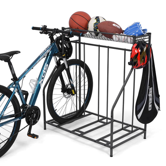 Bike rack, bicycle parking stand with 3 bike slots, extra wide basket, 6 hooks, adjustable bike slot for garage storage mountain bike, kids' bikes, bike stand
