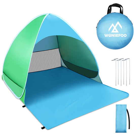 WONSEFOO Beach Tent UV Protection 50+ | 2-3 Person Beach Shelter | Pop-up Waterproof Portable Instant Tent | Beach Canopy for Family Camping Garden Beach