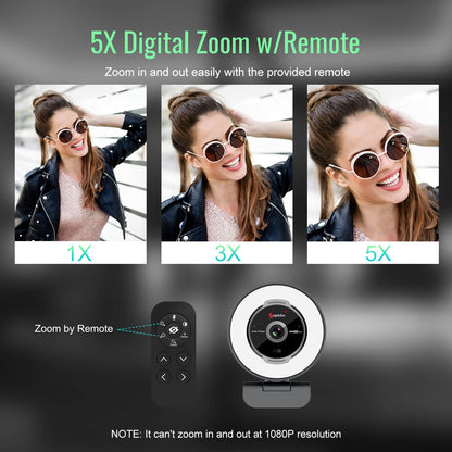 Angetube 60FPS 1080P webcam with ring light - PC camera with 5X digital zoom and remote control, built-in dual noise-canceling microphones and privacy cover, for PC, computer, laptop, Mac, desktop.
